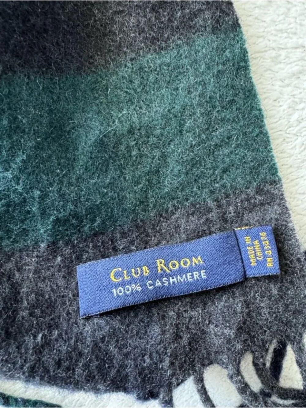 Club Room Cashmere Scarf Green Blue Plaid Fringe Soft Luxury Winter Cozy Fall